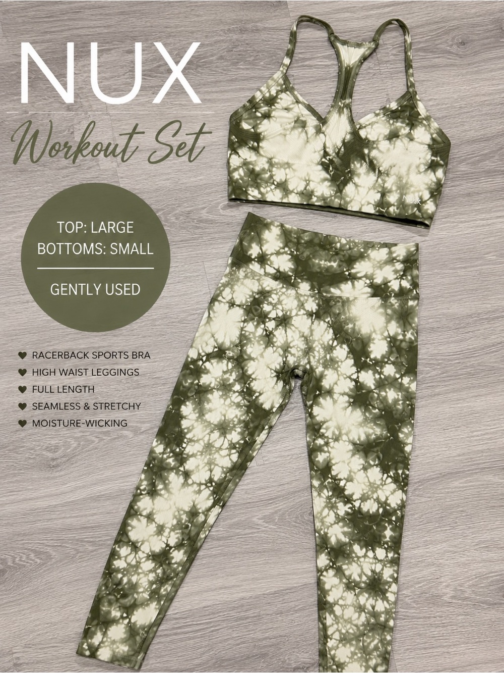 NUX Olive & Cream Tie-Dye Active Set — Racerback Bra & High-Waist Leggings